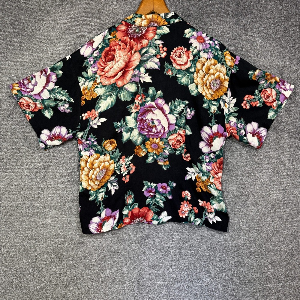 Vintage Pinnacle Floral Button Up Shirt 100% Rayon ILGWU Made in USA Black Large - Picture 6 of 9